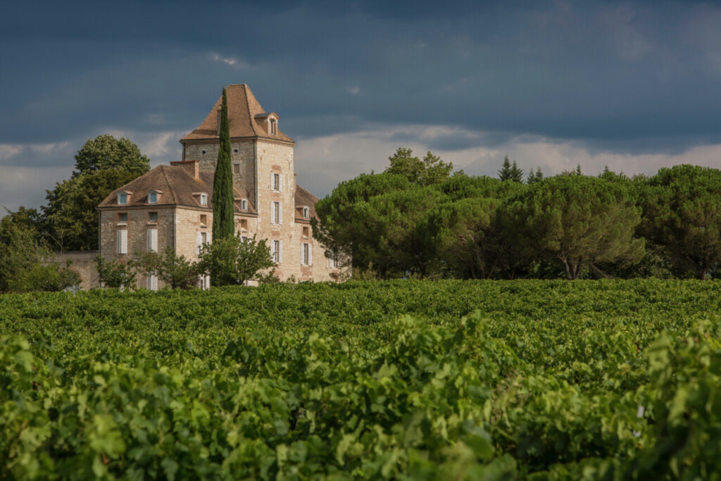Château de Haute-Serre entouré de vignes avec un ciel chargé