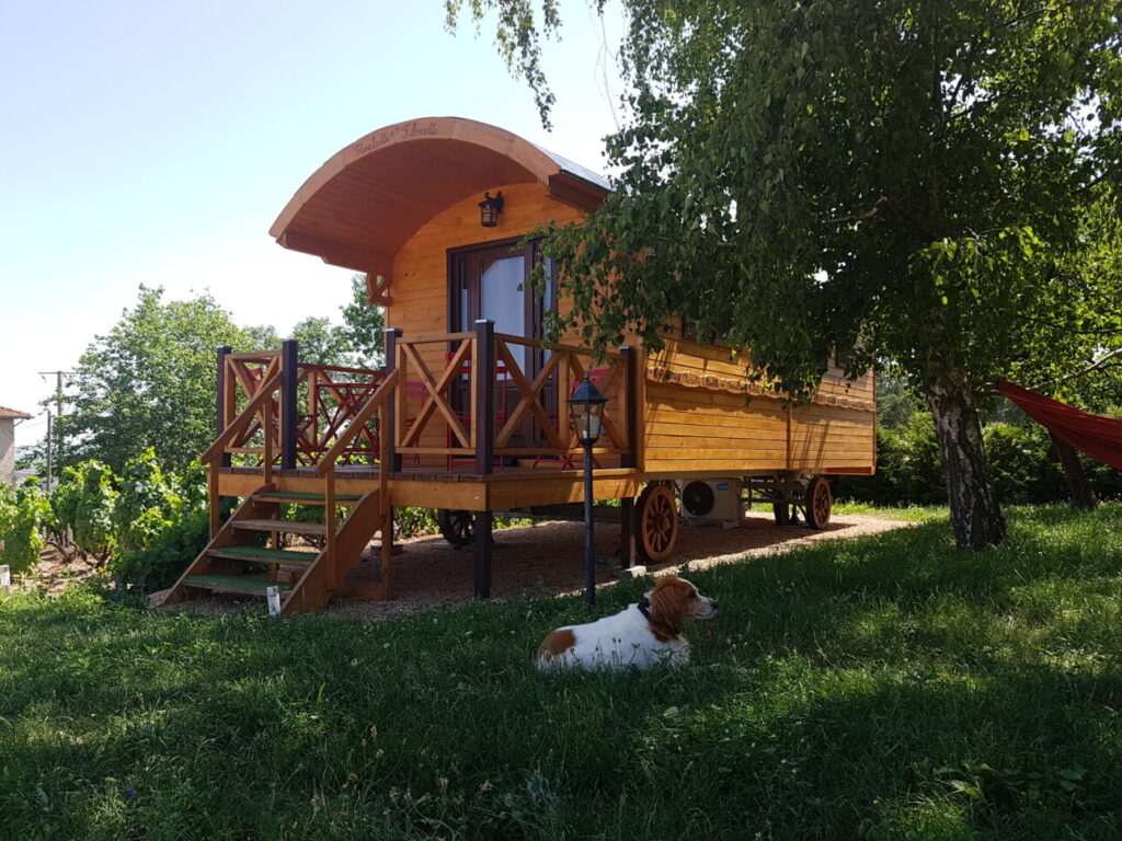 un chien devant une roulotte