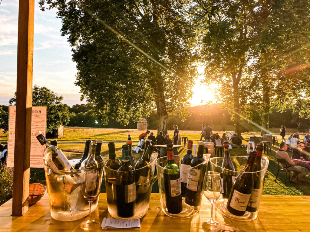 Dégustations de vins frais dans u, château au soleil couchant