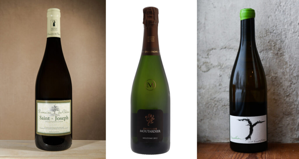 3 bouteilles : Champagne Moutardier 2012, cuvée Tressalier 2022, et Saint-Joseph blanc 2022