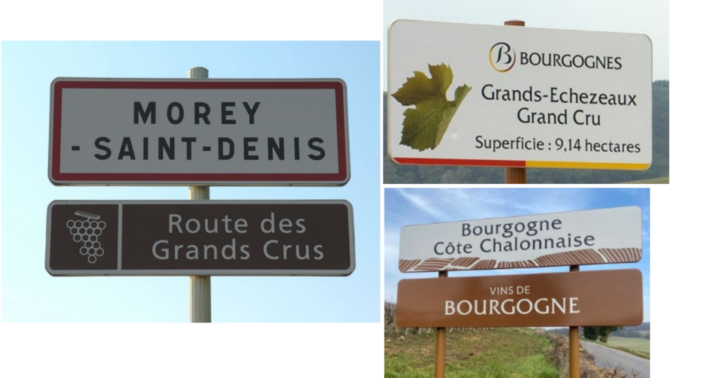 Différents panneaux d'appellations de Bourgogne