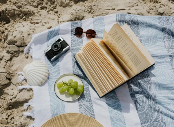 livre sur la plage avec raisin et chapeau