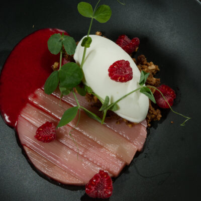 Rhubarbe confite en croûte de sel, sablé Muscovado, framboise, glace fromage blanc et miel