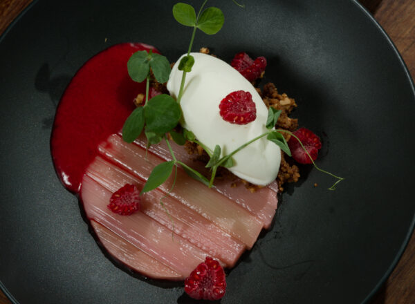 Rhubarbe confite en croûte de sel, sablé Muscovado, framboise, glace fromage blanc et miel