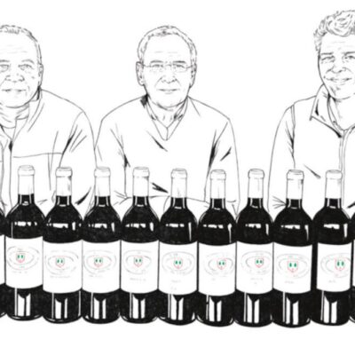 Dessin de Stéphane Derenoncourt, Nicolas Thienpont et Cyrille Thienpont avec devants eux, des bouteilles du château Pavie Macquin