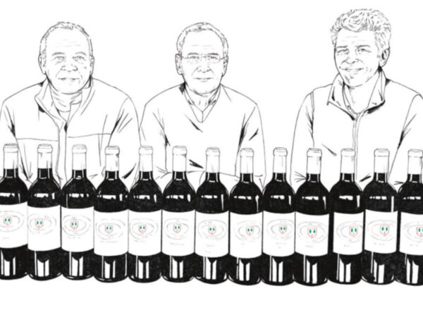 Dessin de Stéphane Derenoncourt, Nicolas Thienpont et Cyrille Thienpont avec devants eux, des bouteilles du château Pavie Macquin