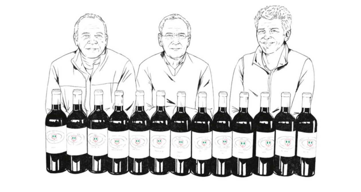 Dessin de Stéphane Derenoncourt, Nicolas Thienpont et Cyrille Thienpont avec devants eux, des bouteilles du château Pavie Macquin